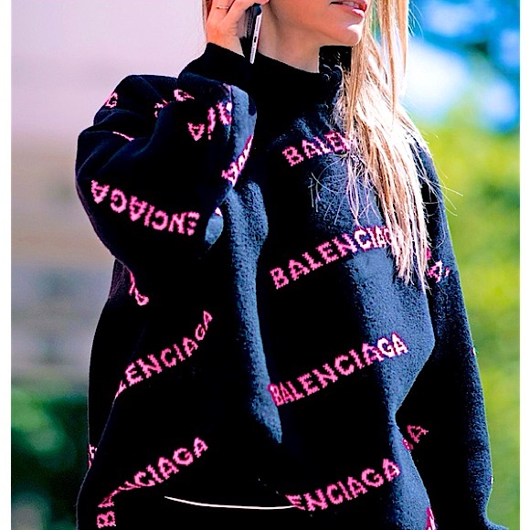 BALENCIAGA All Over Logo Crew Neck Knit Sweater Black and Pink - Picture 1 of 16